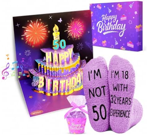 Musical Birthday Pop-Up Card 50th Gifts for Women Socks