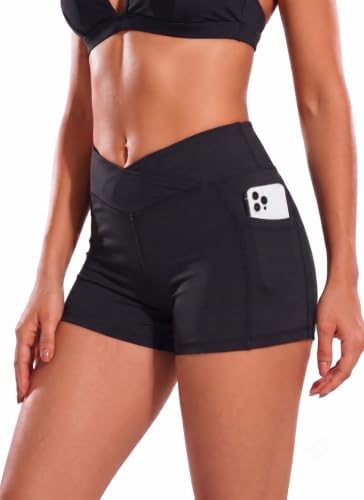 Women 3" High Waisted Swim Shorts with Pockets Black S