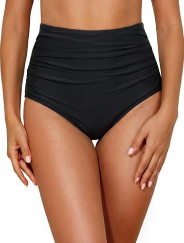 Women High Waisted Bikini Bottoms Full Coverage Swim Bottonm Black L