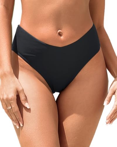 Women V-Cut Cheeky High Cut Mid Rise Bikini Bottoms Black M